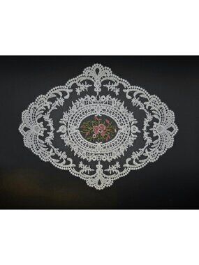 White Lace Doily With Floral Embroidery Centerpiece Oval Table Decor, White and